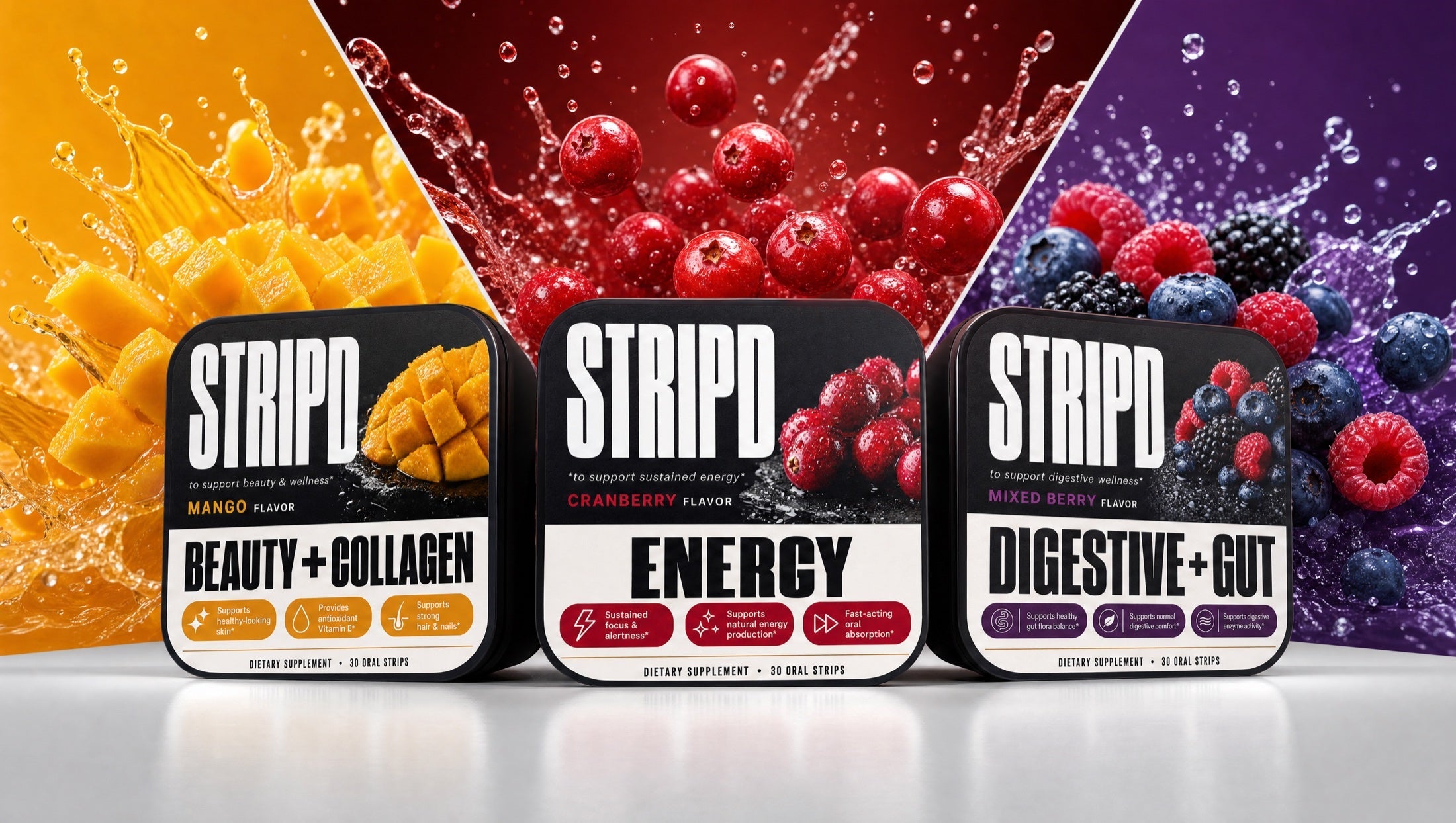 STRIPD Beauty, Energy, and Plus Digestion oral strip tins